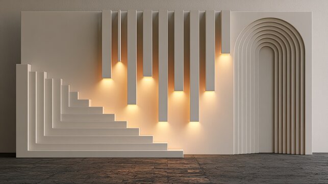 Modern geometric wall with arch and layered steps, illuminated