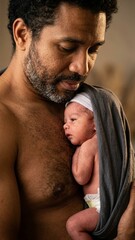 Naklejka premium Black father holding newborn baby in skin-to-skin contact indoor with warm intimate lighting