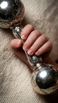 Infant hand holding ornate silver rattle on knitted blanket in warm directional lighting