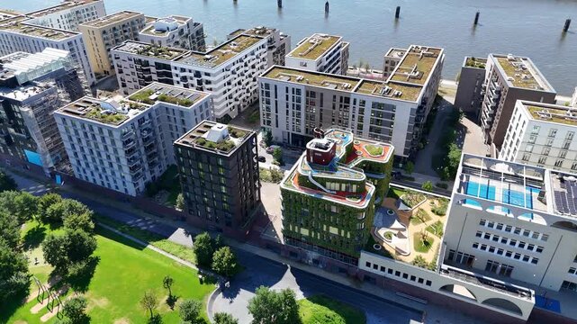 Aerial view of modern residential buildings with green roofs and urban architecture at Baakenhafen in the Hafencity in Hamburg, Hamburg, Germany.