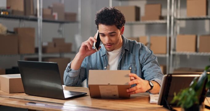 Laptop, phone call and man with box for logistics order, address confirmation or communication. Tech, person and talk to contact with package for shipping info, delivery schedule and typing in office