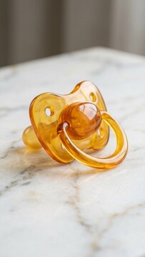Amber rubber baby pacifier resting on marble surface with soft natural indoor lighting