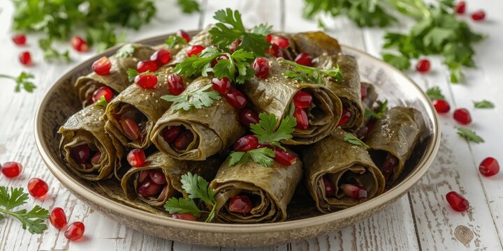 Stuffed Grape Leaves with Pomegranate Seeds - Rustic Plate, Fresh Herbs, Natural Light