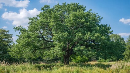 Fototapeta premium Large Green Oak Tree in Meadow - Bright Daylight, Lush Grass, Natural Setting