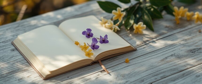 Open Book with Purple and Yellow Flowers on a Wooden Table in Soft Light