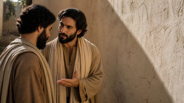 Two biblical men discussing forgiveness and repentance in a sunlit ancient village, illustrating private rebuke, reconciliation, faith, and Christian teaching from Luke 17