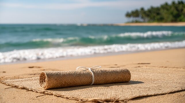 Rolled scroll on sandy beach with ocean waves and palm trees beyond