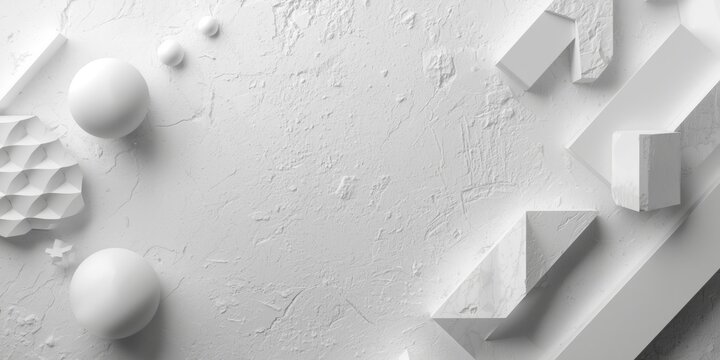 Geometric Shapes Arranged on Textured White Surface in Minimalist Style