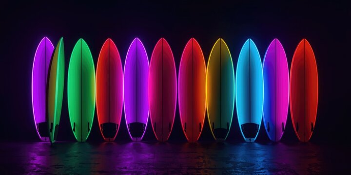 Neon Surfboards Displayed in a Row Against a Dark Background