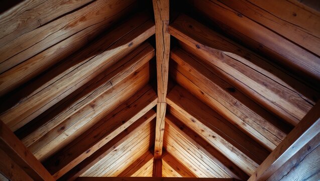 Exposed Wooden Beams in Rustic Ceiling Interior with Warm Tones