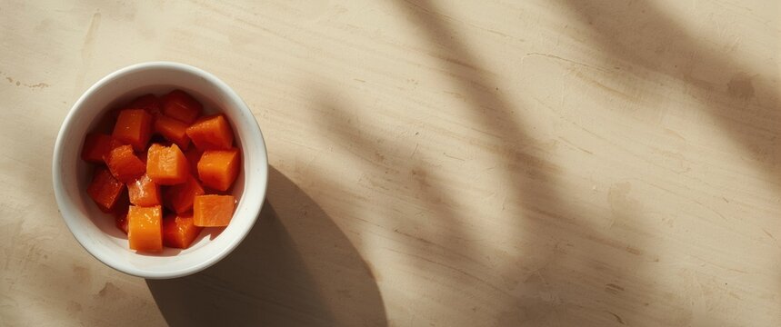 Bowl of Diced Orange Vegetables on a Light Surface with Soft Shadows