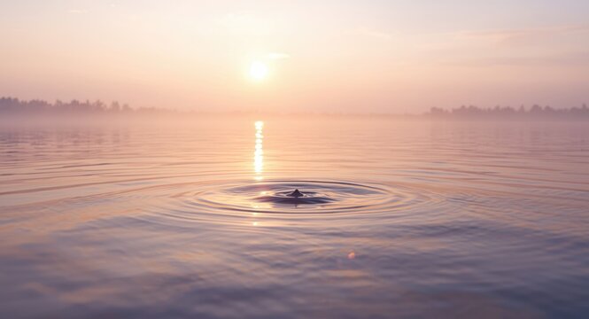 Sunrise Reflection on Calm Water with Ripples in Misty Atmosphere