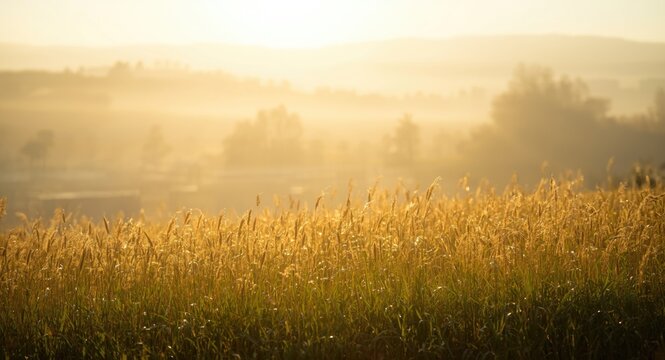 Golden Grassfield Under Soft Morning Light with Misty Background