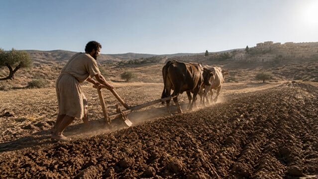 Servant plowing a dry hillside field with oxen. Biblical rural labor scene illustrating humble duty, ancient farming, and the parable of the unprofitable servant.