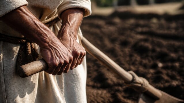 Close view of a biblical servant gripping a wooden plow in a field. Labor, duty, humility, and faithful service inspired by Luke 17.
