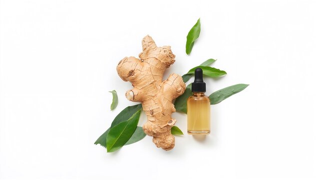 Ginger Root with Essential Oil Dropper Bottle and Green Leaves on White Background