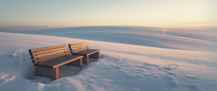 Wooden Benches Surrounded by Snow at Sunset in a Serene Winter Landscape