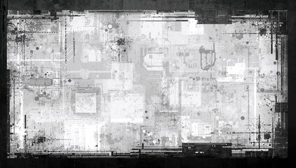 Fototapeta premium Abstract Grayscale Circuit Pattern with Textured Surface and Random Shapes