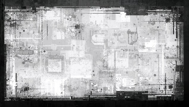 Abstract Grayscale Circuit Pattern with Textured Surface and Random Shapes