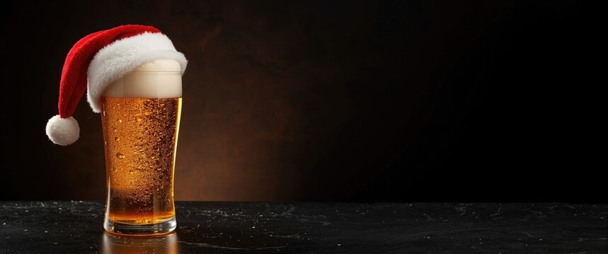 Beer Glass Wearing a Santa Hat on Dark Background