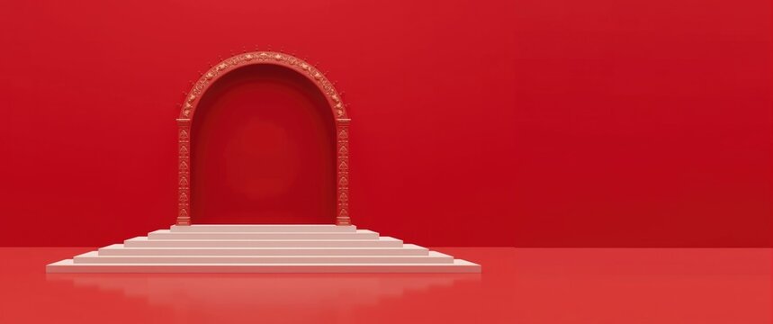 Decorative Archway on Steps Against a Bold Red Background