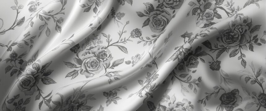 Floral Patterned Fabric Draped with Elegant Gray Roses on White Background