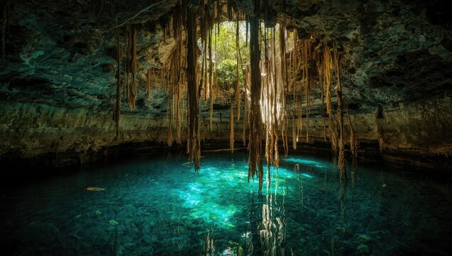 Mysterious Cenote with Stalactites and Crystal Clear Water in Sunlight