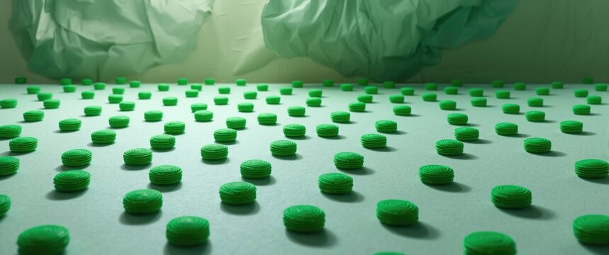 Green Candy Discs Arranged on a Table with Soft Lighting and Texture Background