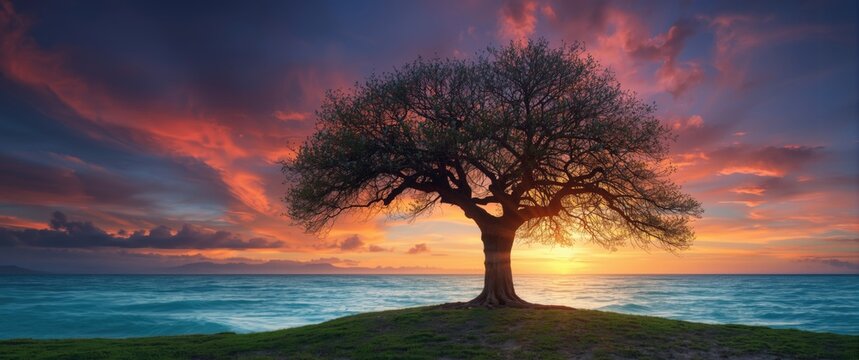 Solitary Tree Silhouetted Against a Colorful Sunset Over the Ocean