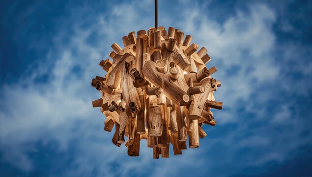 Wooden Pendant Light Fixture Against a Cloudy Sky Background