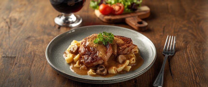 Delicious Chicken Dish with Creamy Sauce and Pasta on a Rustic Wooden Table