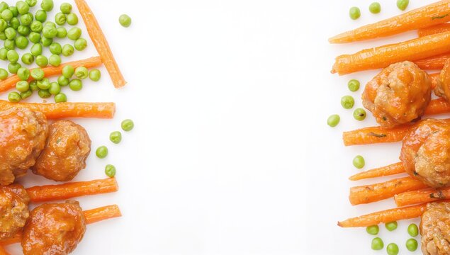 Meatballs and Glazed Carrots with Green Peas on White Background