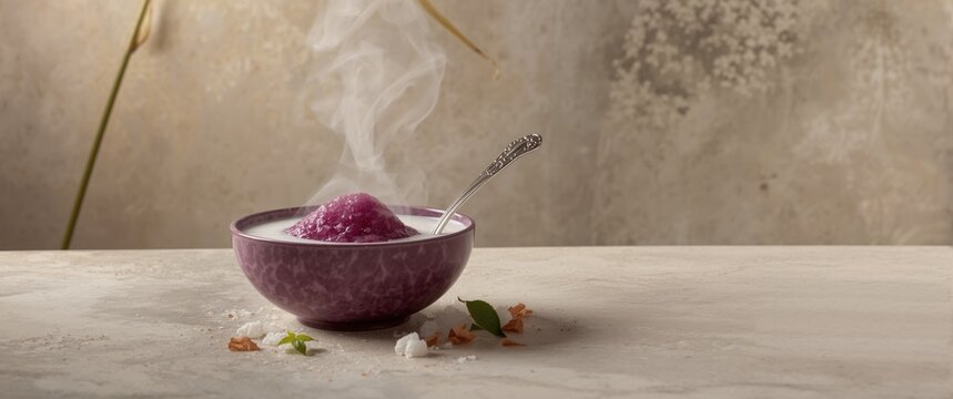 Steaming Bowl of Purple Dessert on a Stone Surface with Garnishes
