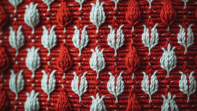 Red and White Floral Pattern Textile in Closeup Detail