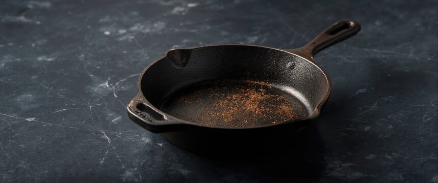 Worn Cast Iron Skillet on Dark Marble Surface with Rustic Texture