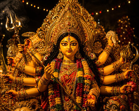 Goddess Durga with lion and multiple sacred attributes in a richly decorated Hindu festival artwork
