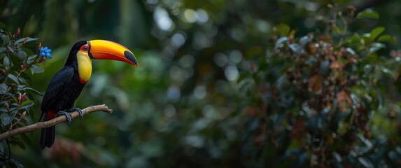 Naklejka premium Toucan Perched on a Branch in a Lush Green Environment