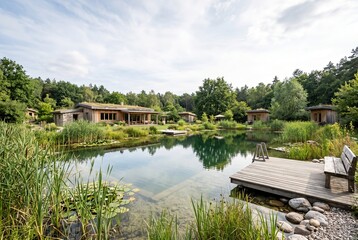 Fototapeta premium Several houses stand beside a calm body of water surrounded by green plants and trees. The sun shines on the landscape, creating a bright scene. It is a nice day for enjoying nature