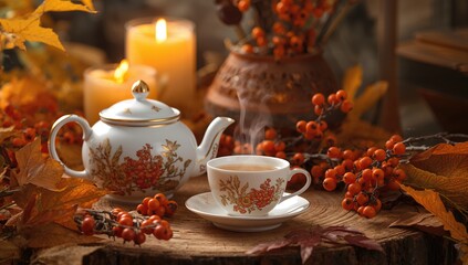 Fototapeta premium Cozy Tea Setup with Vintage Teapot and Cup Surrounded by Autumn Leaves and Berries