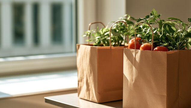 Paper bags filled with fresh produce sit by a sunlit window