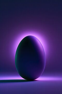 Mysterious dark egg glows with purple light on a reflective surface