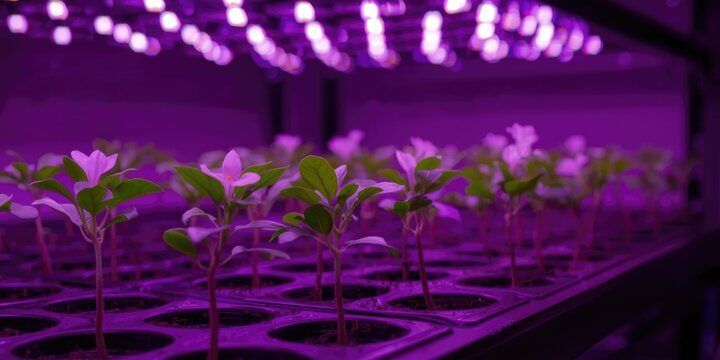 Indoor Plant Nursery Growing Under Purple LED Lights in Rows