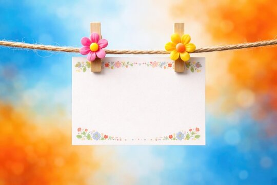 Blank Card with Decorative Flowers Hanging on a Twine Against a Colorful Background