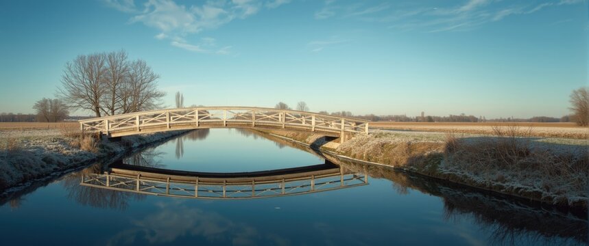 Wooden Bridge Reflecting on Calm Water in Frosty Winter Landscape
