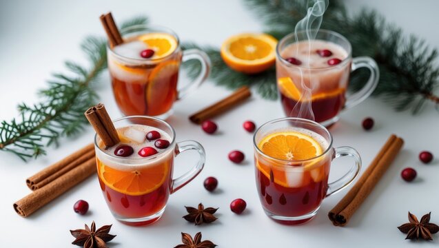 Warm Spiced Tea in Glass Mugs with Cinnamon and Cranberries on White Background