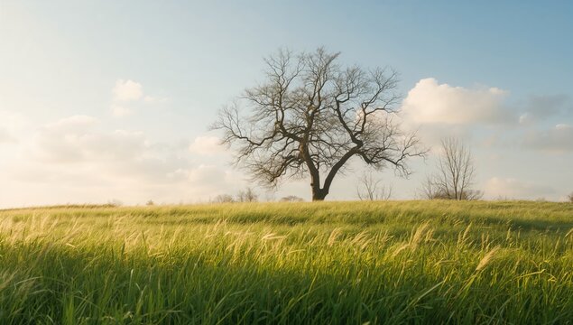 Lonely Tree Standing on a Green Meadow Under a Cloudy Sky