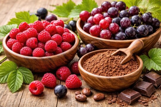 Ripe Raspberries and Grapes in Wooden Bowls with Cocoa Powder and Chocolate on Rustic Table