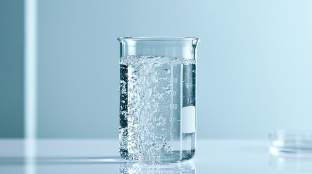 Clear liquid fizzes and bubbles vigorously inside a laboratory beaker