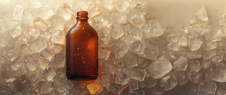 Brown Glass Bottle Surrounded by Ice Cubes with Water Droplets in a Cool Setting