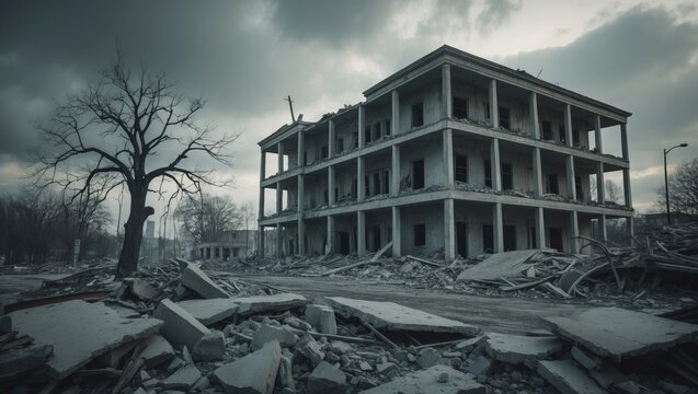 Abandoned Building Ruins with Broken Concrete and Leafless Tree Under Dramatic Sky